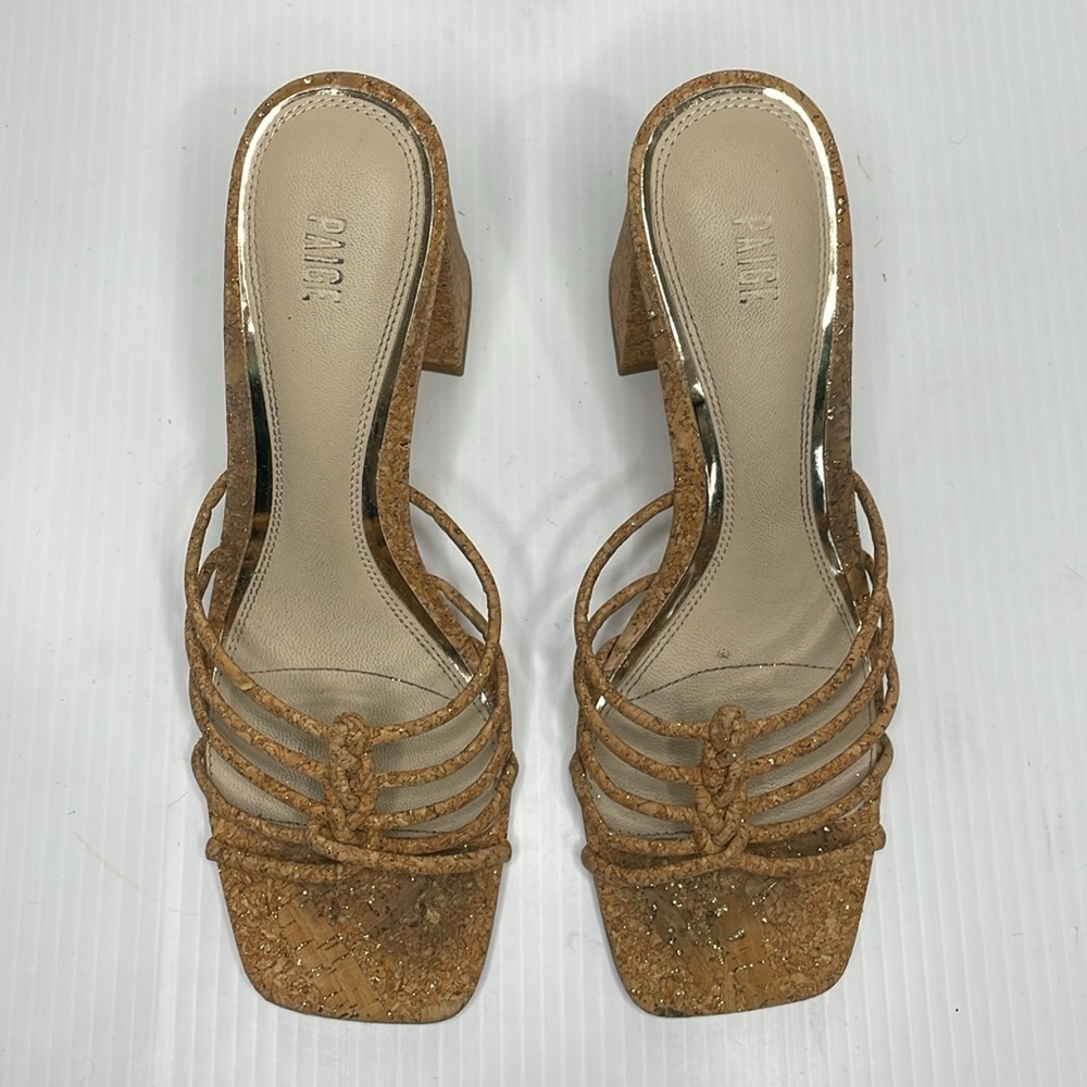 Paige Becca Block Heel Sandal Size 8 Tan Knot Strap Upper Gold Specs - Picture 5 of 14